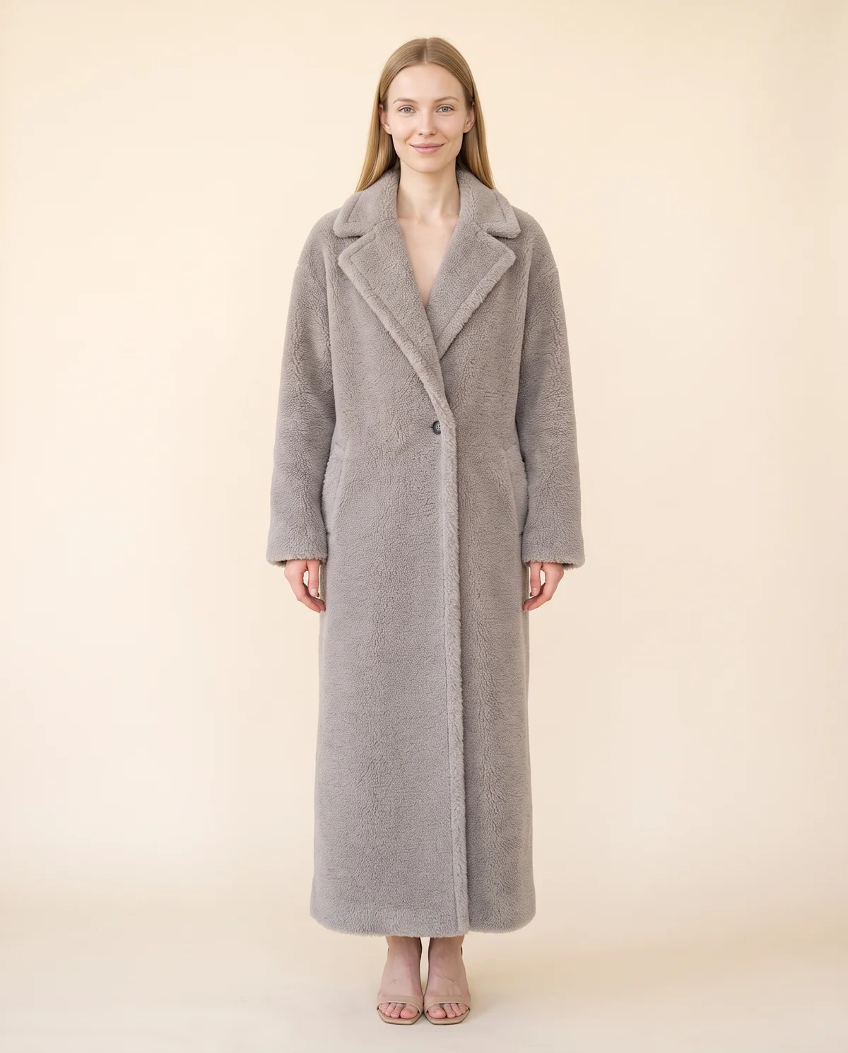 Maxi Teddy Coat in Stone Grey, front view, worn by Maya