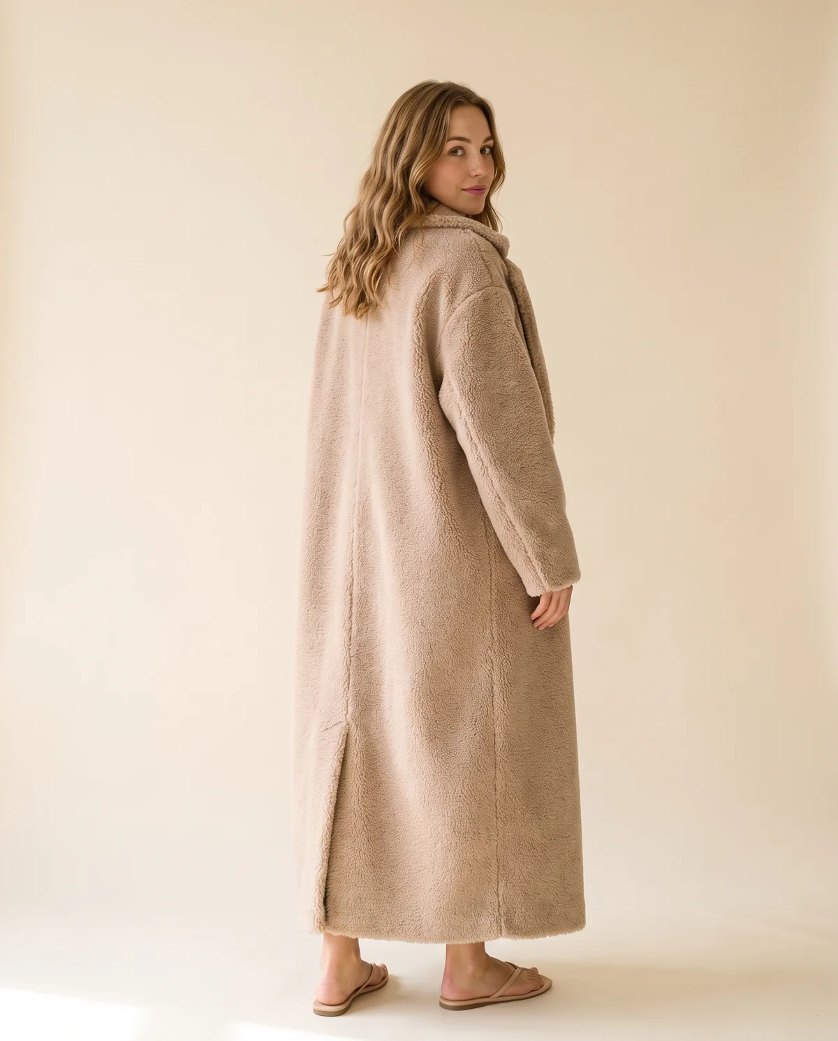 Maxi Teddy Coat in Sand, back view, worn by Ava