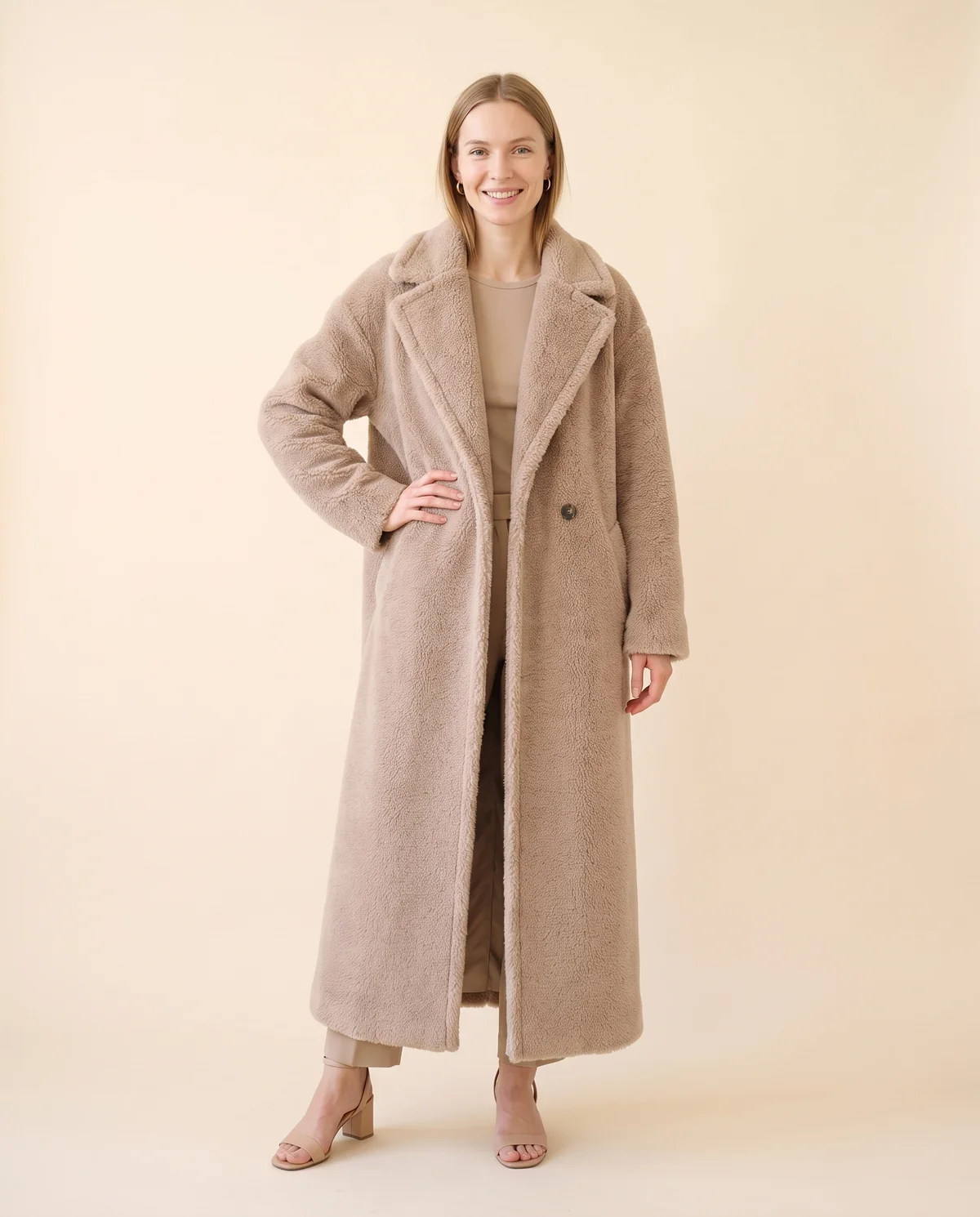 Maxi Teddy Coat in Sand, front view, worn by Maya