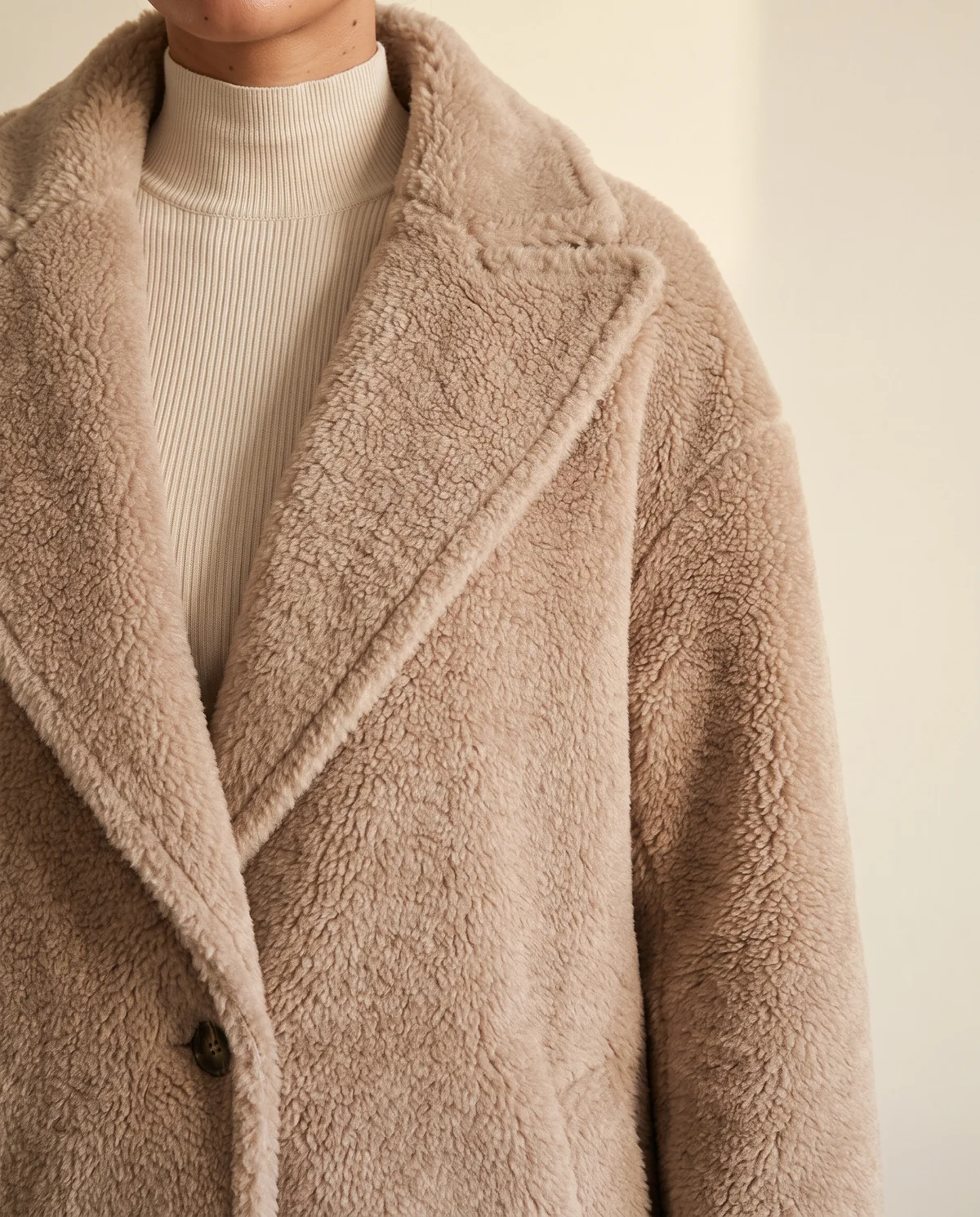 Maxi Teddy Coat in Sand, close-up of the detail