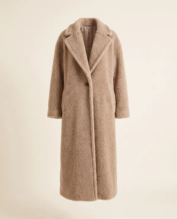 Maxi Teddy Coat in Sand, product shot on a plain background