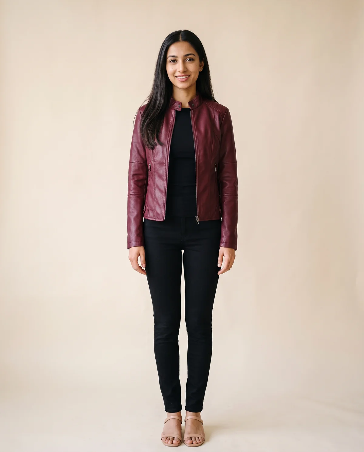 Faux Leather Slim Stand-Collar Biker Jacket in Burgundy, front view, worn by Priya