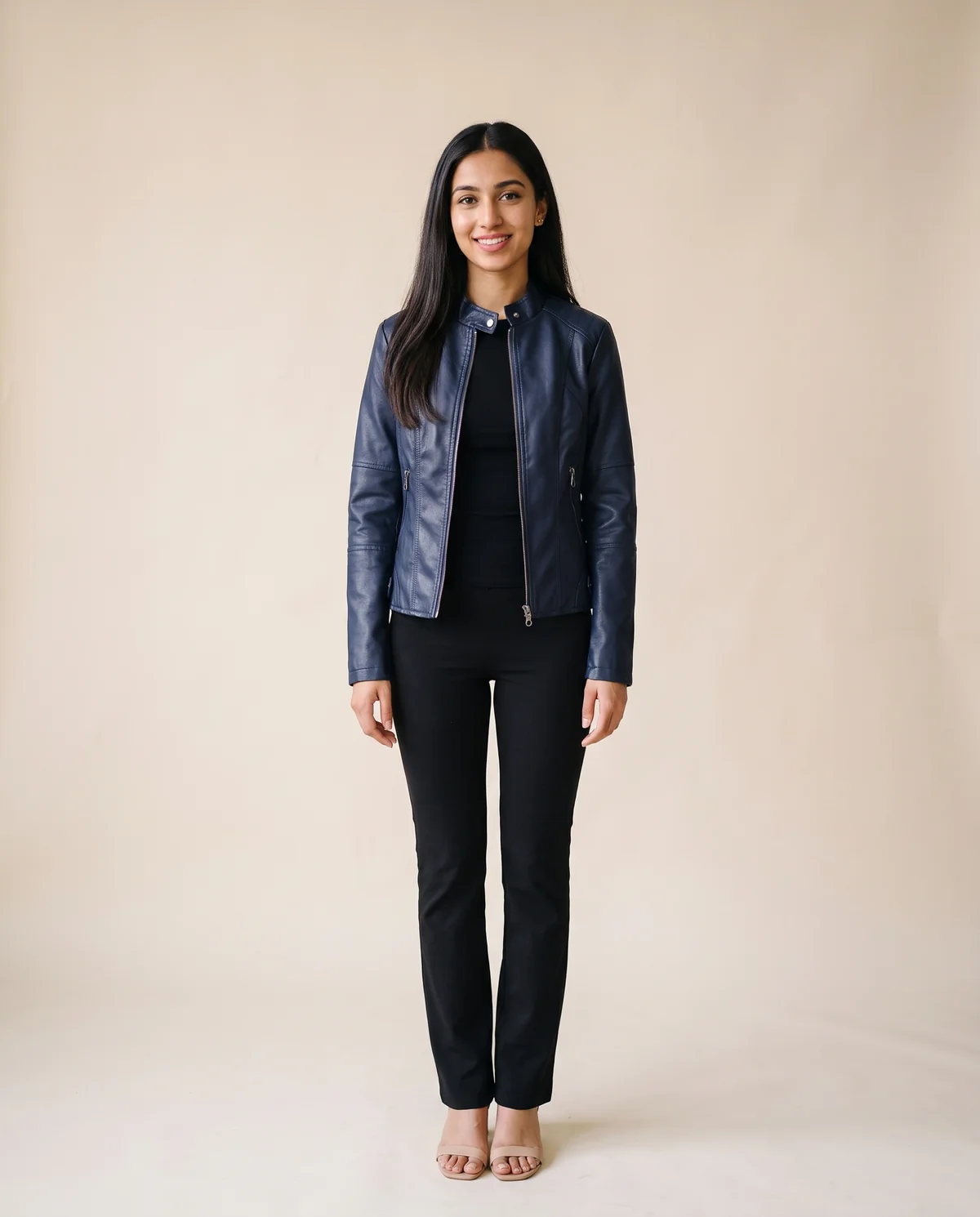 Faux Leather Slim Stand-Collar Biker Jacket in Navy, front view, worn by Priya