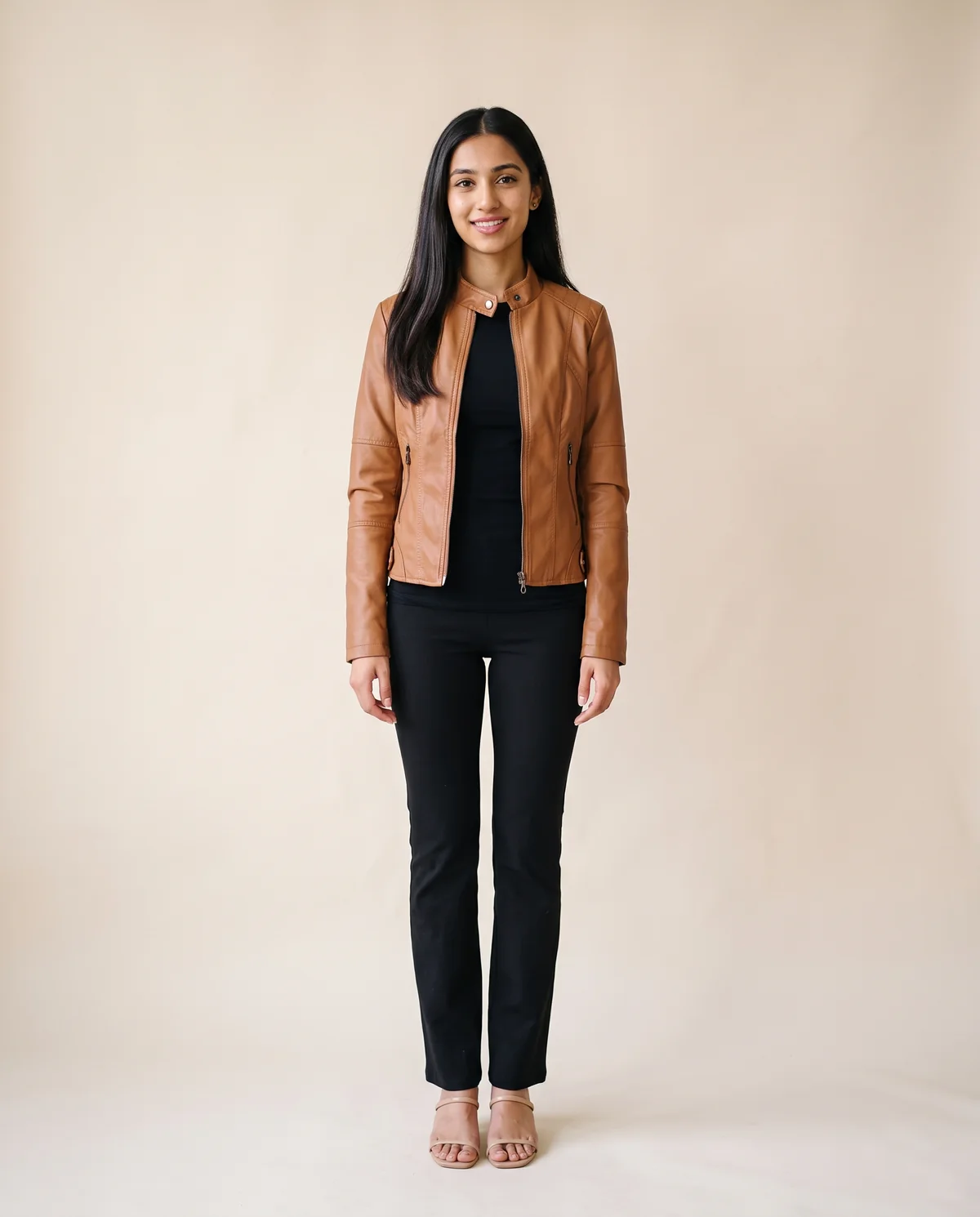 Faux Leather Slim Stand-Collar Biker Jacket in Tan, front view, worn by Priya