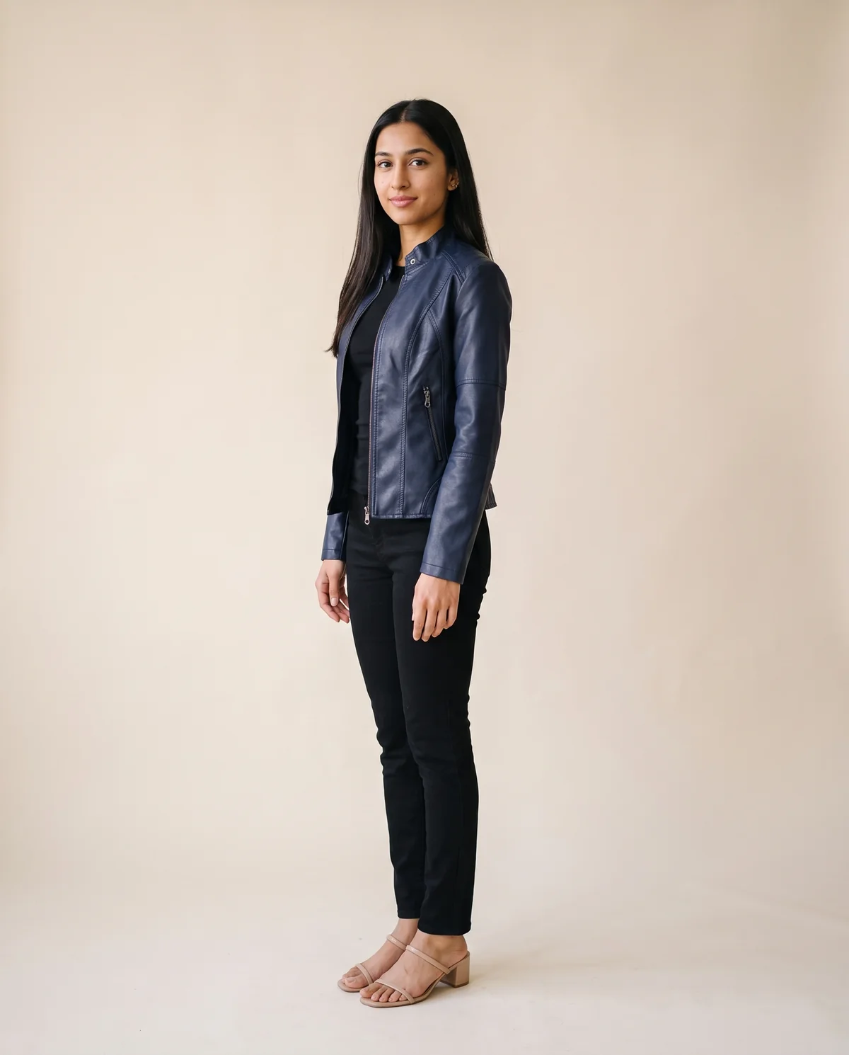 Faux Leather Slim Stand-Collar Biker Jacket in Navy, side view, worn by Priya