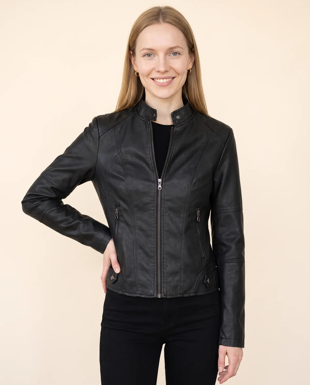 Faux Leather Slim Stand-Collar Biker Jacket in Black, front view, worn by Maya