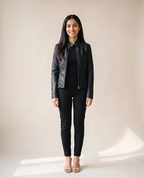 Faux Leather Slim Stand-Collar Biker Jacket in Black, front view, worn by Priya