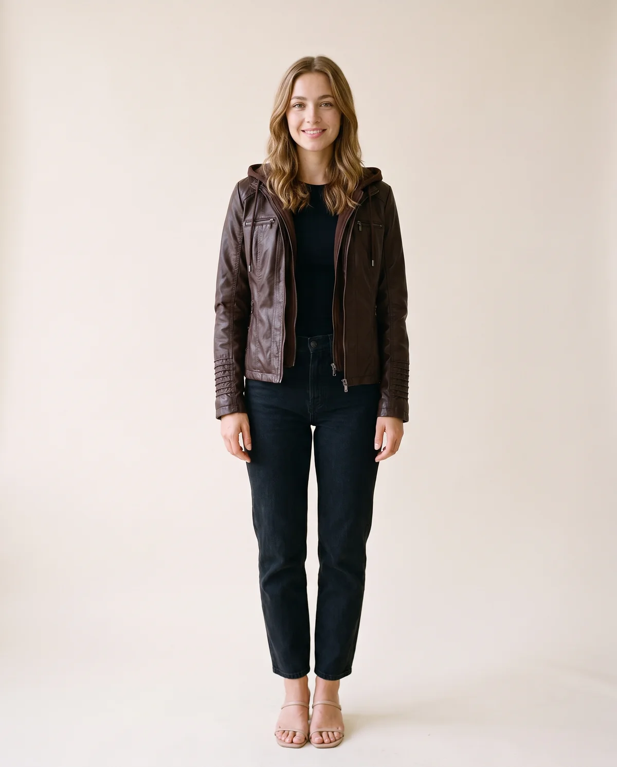 Faux Leather Biker Jacket with Soft Hood in Chocolate, front view, worn by Ava