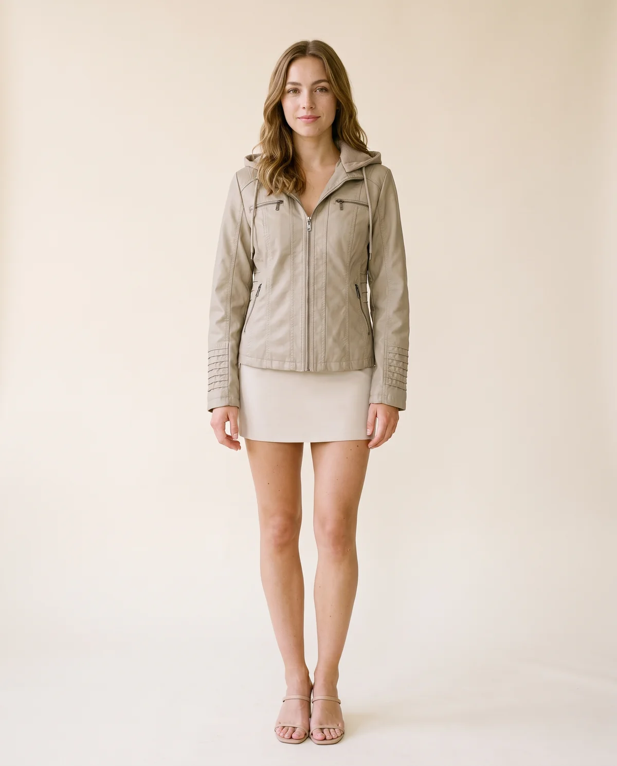Faux Leather Biker Jacket with Soft Hood in Stone, front view, worn by Ava