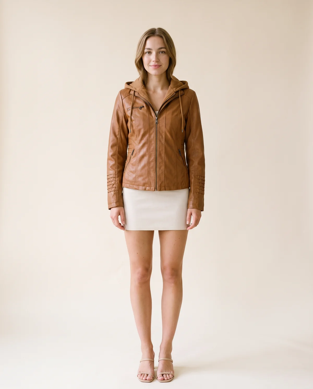 Faux Leather Biker Jacket with Soft Hood in Tan, front view, worn by Ava