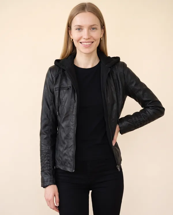 Faux Leather Biker Jacket with Soft Hood in Black, front view, worn by Maya