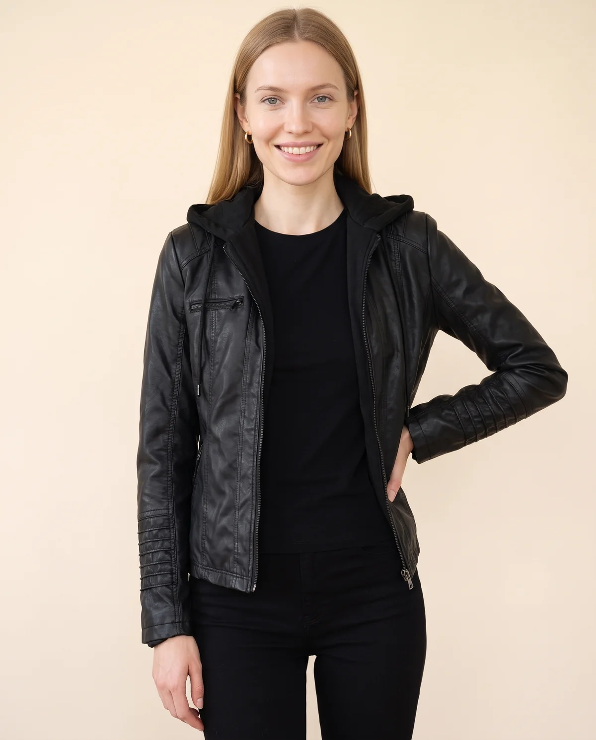 Faux Leather Biker Jacket with Soft Hood in Black, front view, worn by Maya