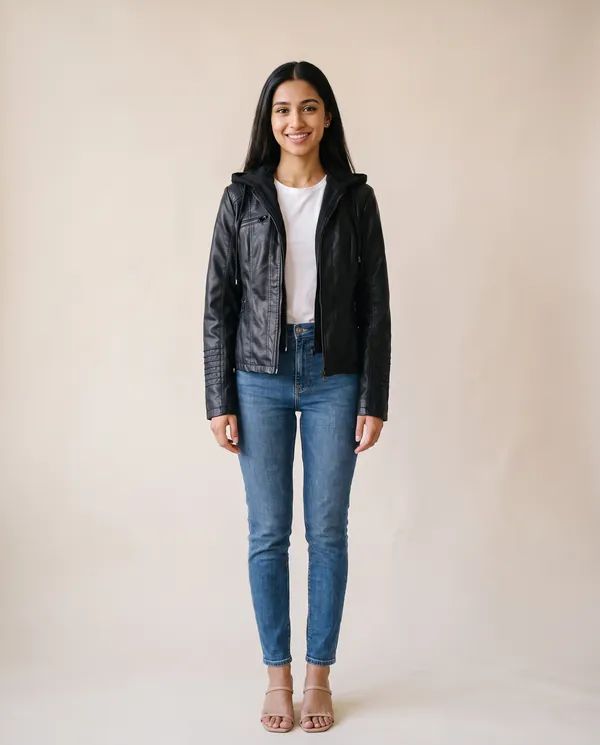 Faux Leather Biker Jacket with Soft Hood in Black, front view, worn by Priya