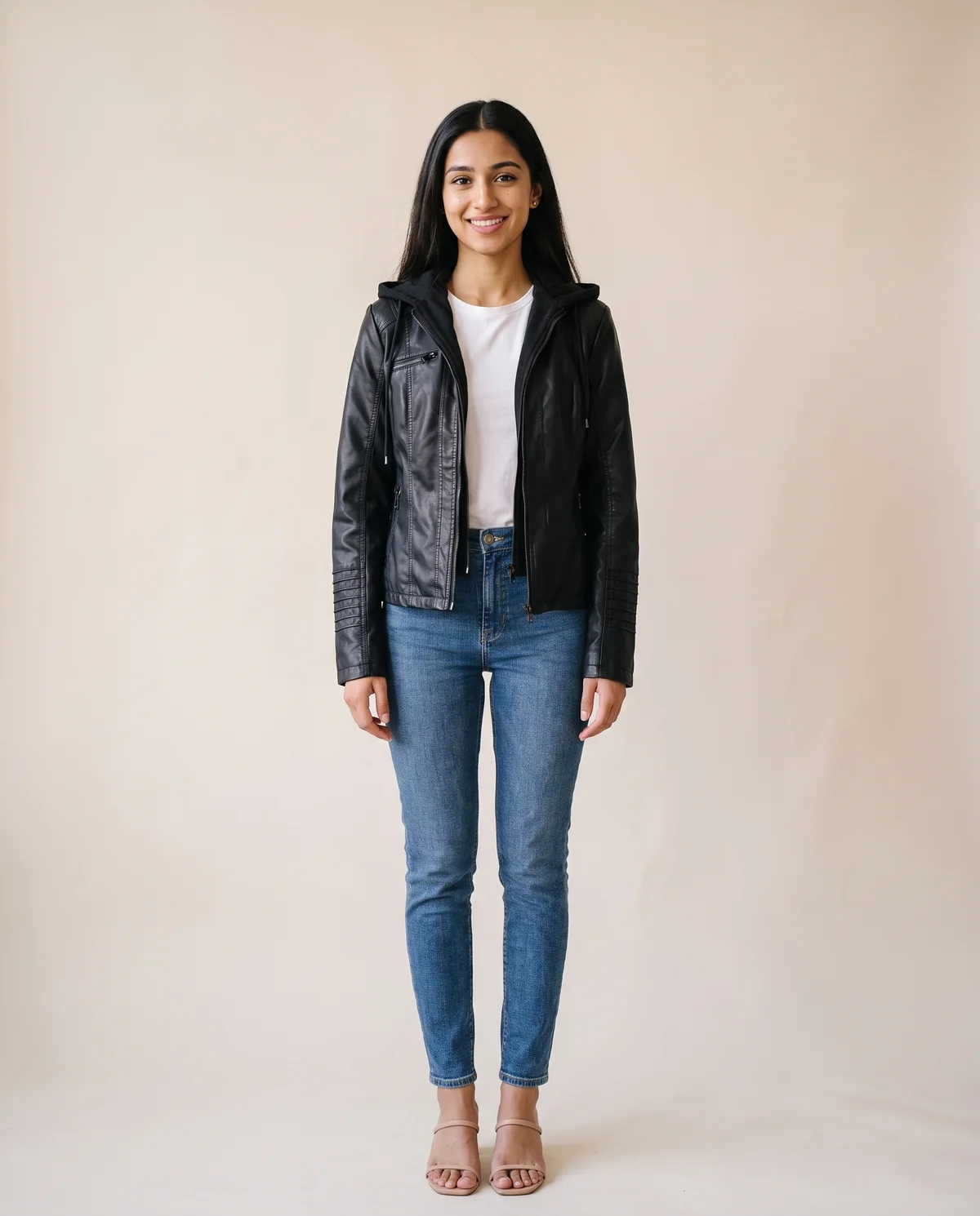 Faux Leather Biker Jacket with Soft Hood in Black, front view, worn by Priya