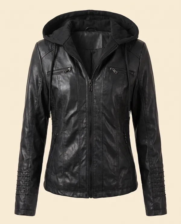 Faux Leather Biker Jacket with Soft Hood in Black, product shot on a plain background