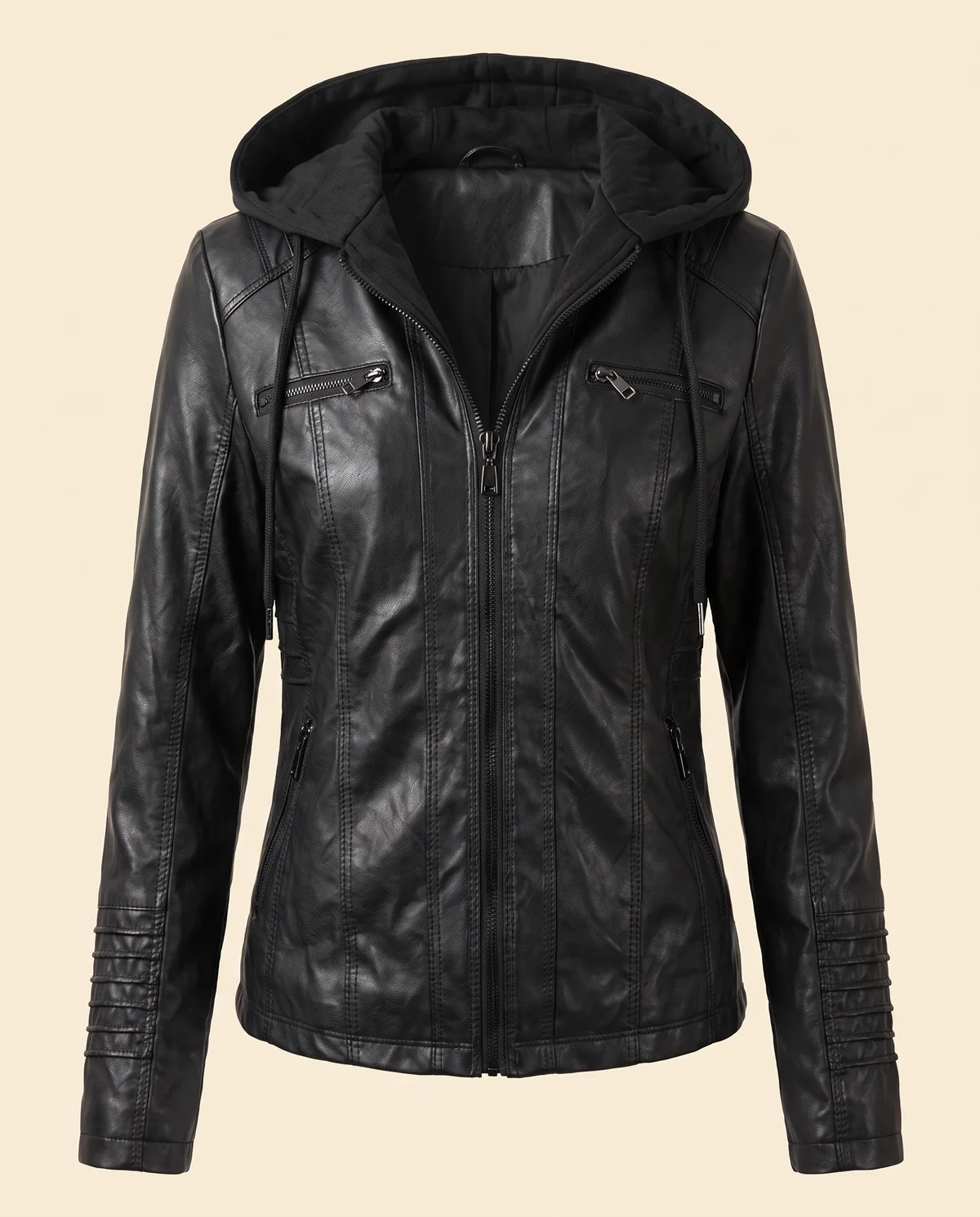 Faux Leather Biker Jacket with Soft Hood in Black, product shot on a plain background