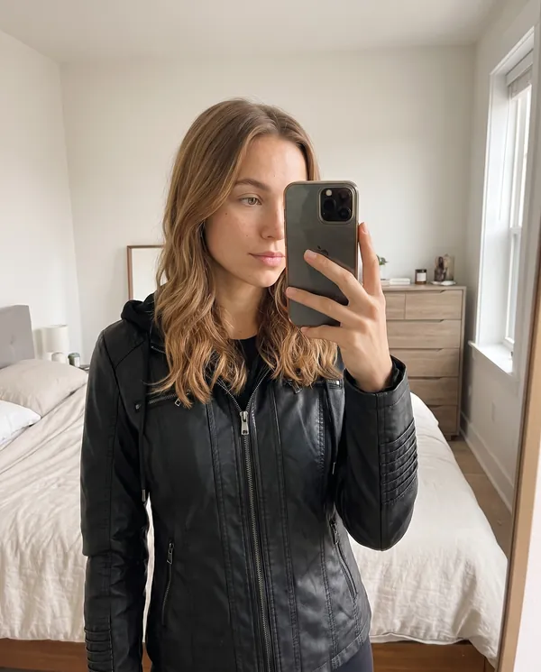 Satin Eve styling: Faux Leather Biker Jacket with Soft Hood