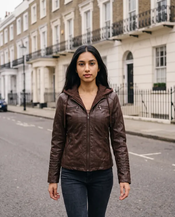Satin Eve styling: Faux Leather Biker Jacket with Soft Hood