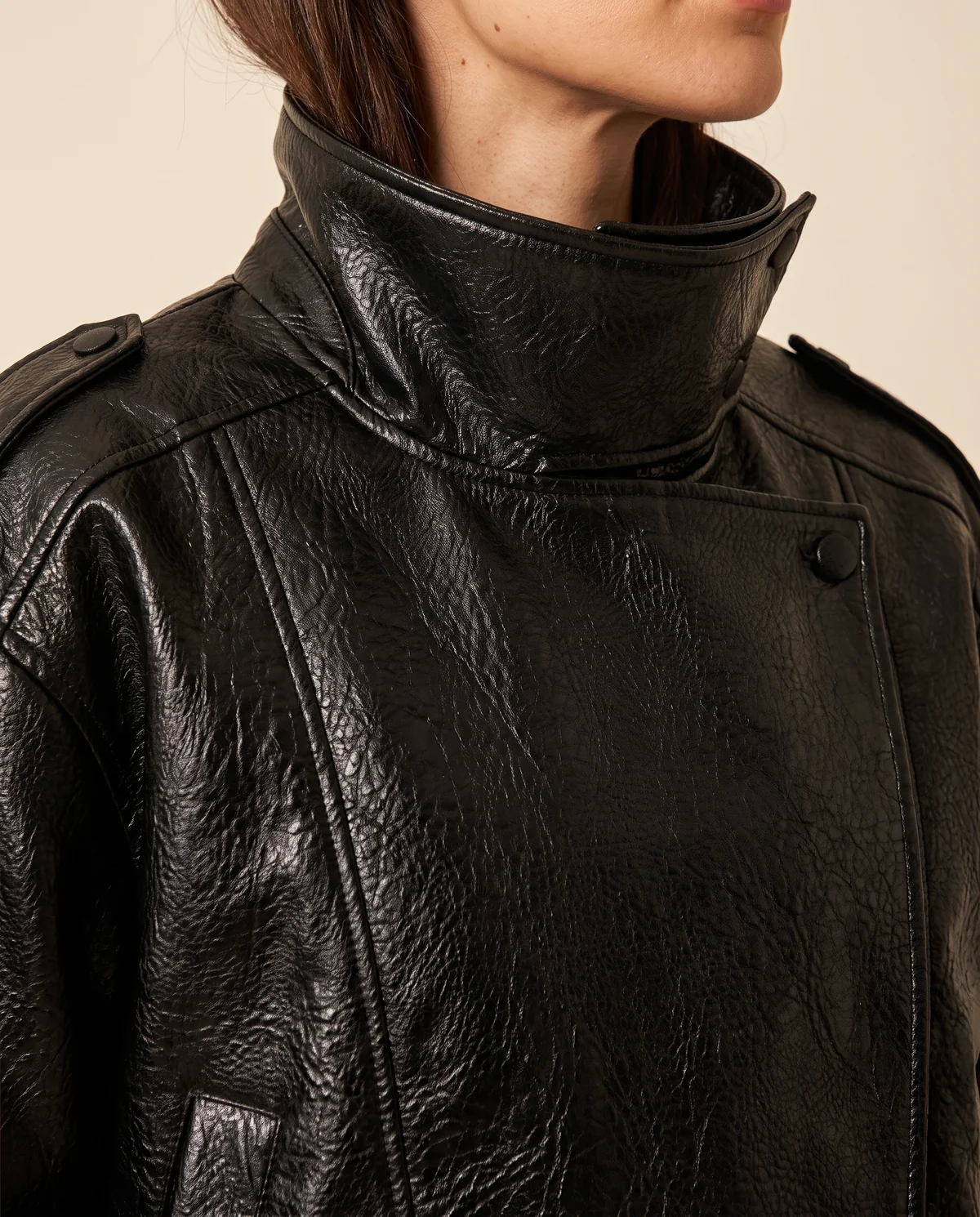 Oversized Crinkled Faux Leather Moto Jacket in Black, close-up of the detail