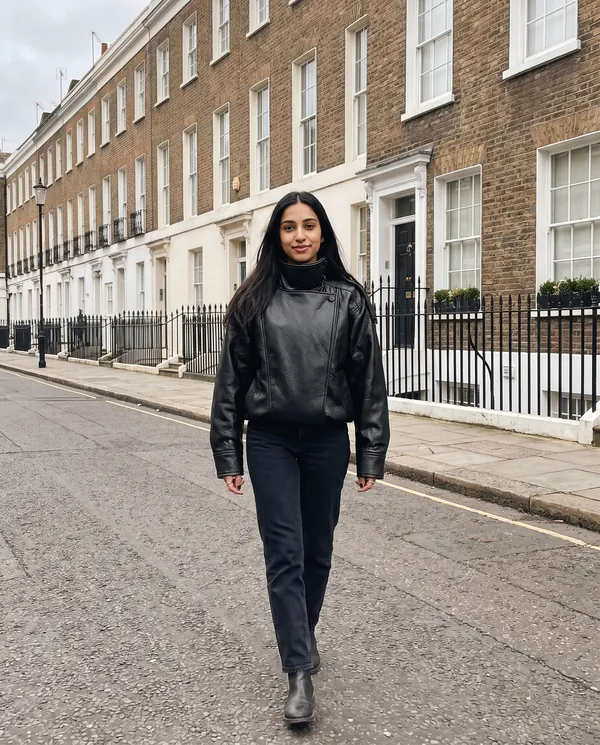 Satin Eve styling: Oversized Crinkled Faux Leather Moto Jacket