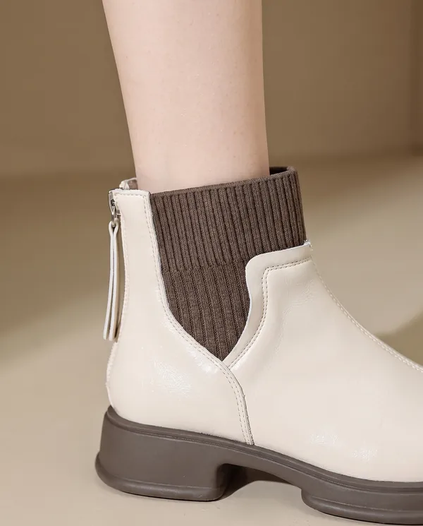 Knit-Panel Chelsea Ankle Boot in Cream, close-up of the detail