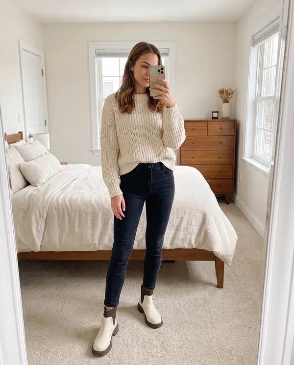 Satin Eve styling: Knit-Panel Chelsea Ankle Boot