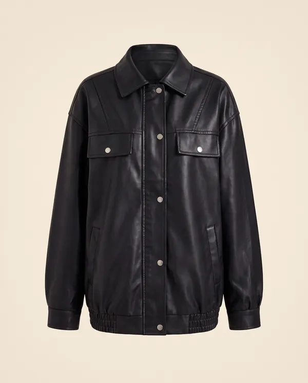 Faux Leather Oversized Snap Shacket in Black, product shot on a plain background