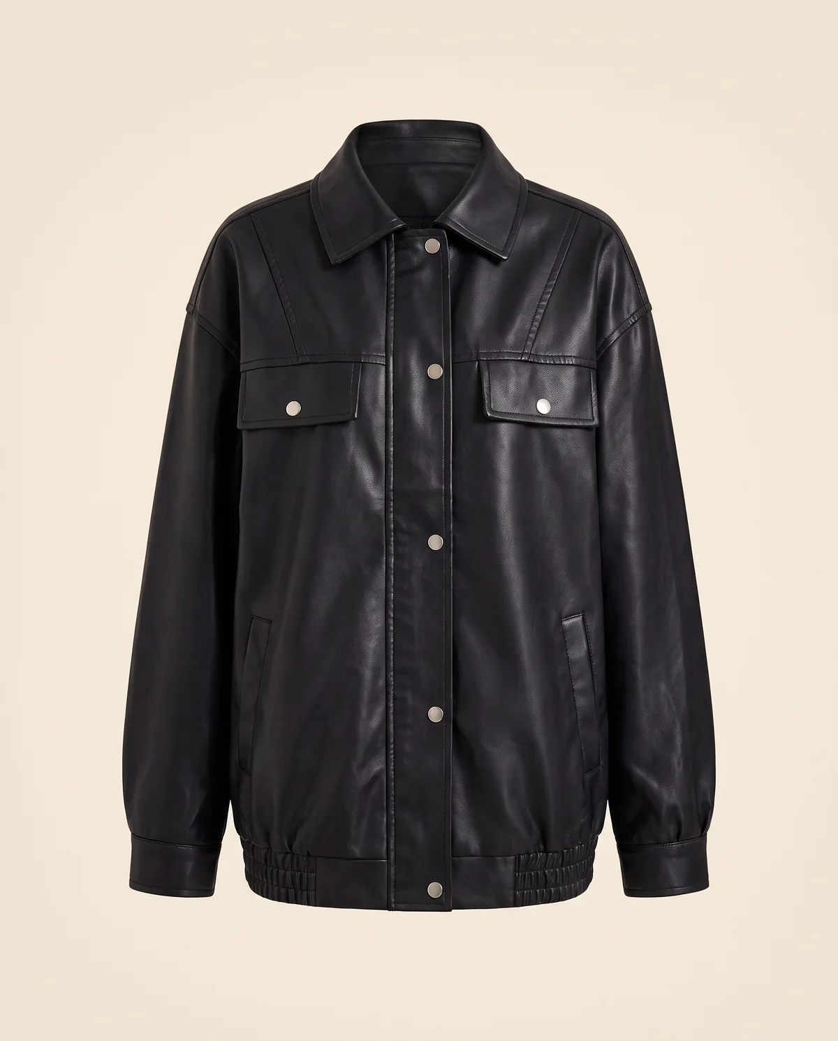 Faux Leather Oversized Snap Shacket in Black, product shot on a plain background