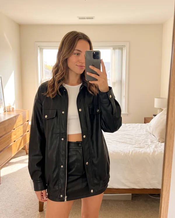 Satin Eve styling: Faux Leather Oversized Snap Shacket
