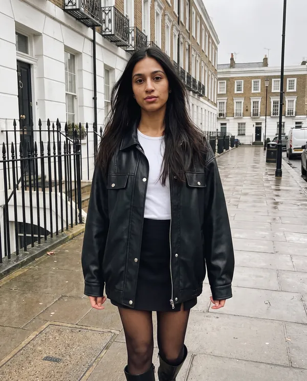 Satin Eve styling: Faux Leather Oversized Snap Shacket