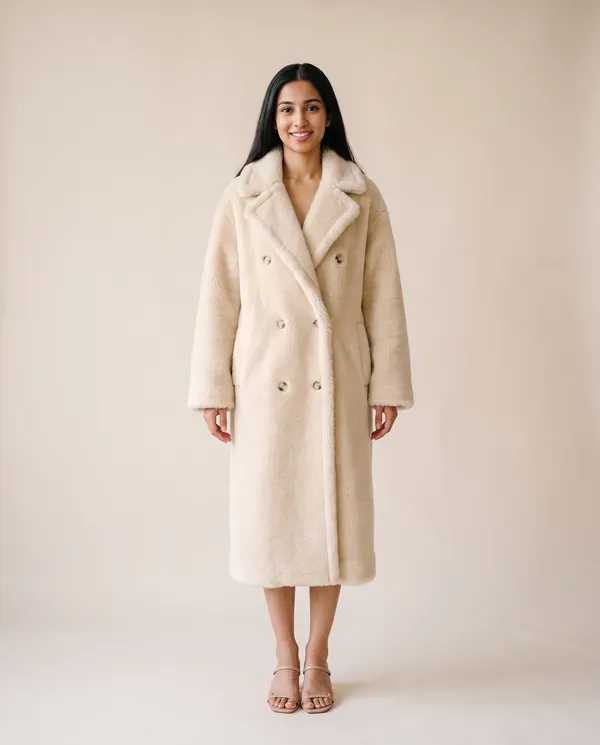 Double-Breasted Teddy Coat in Cream, front view, worn by Priya