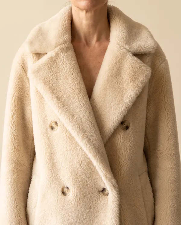 Double-Breasted Teddy Coat in Cream, close-up of the detail