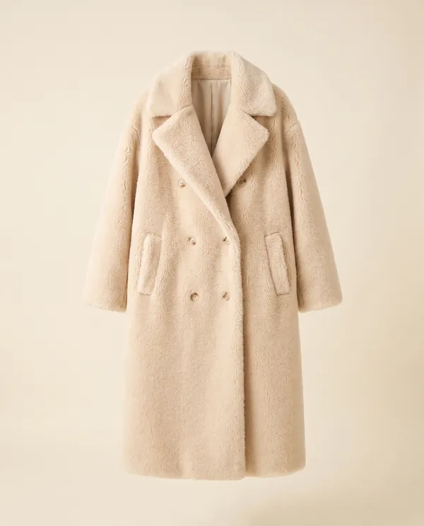 Double-Breasted Teddy Coat in Cream, product shot on a plain background