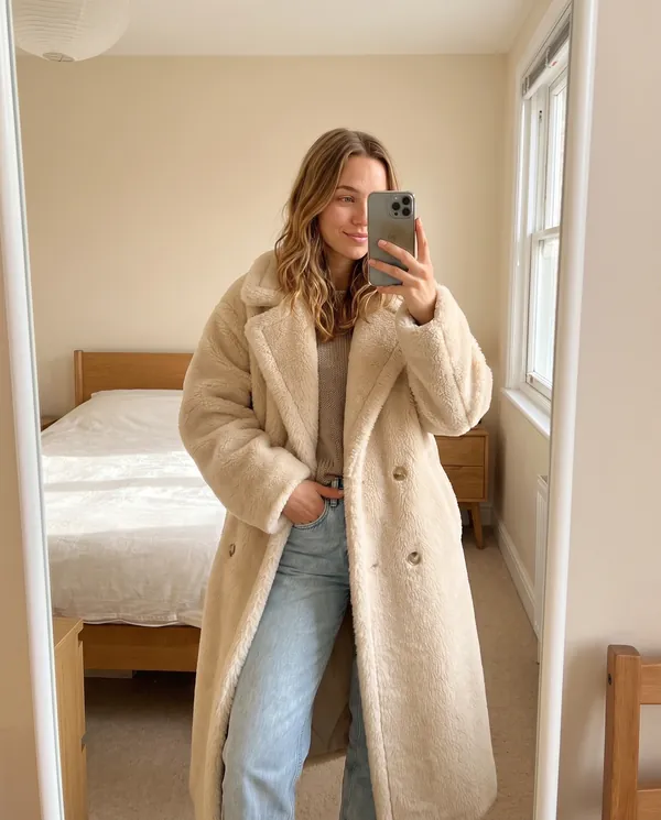Satin Eve styling: Double-Breasted Teddy Coat