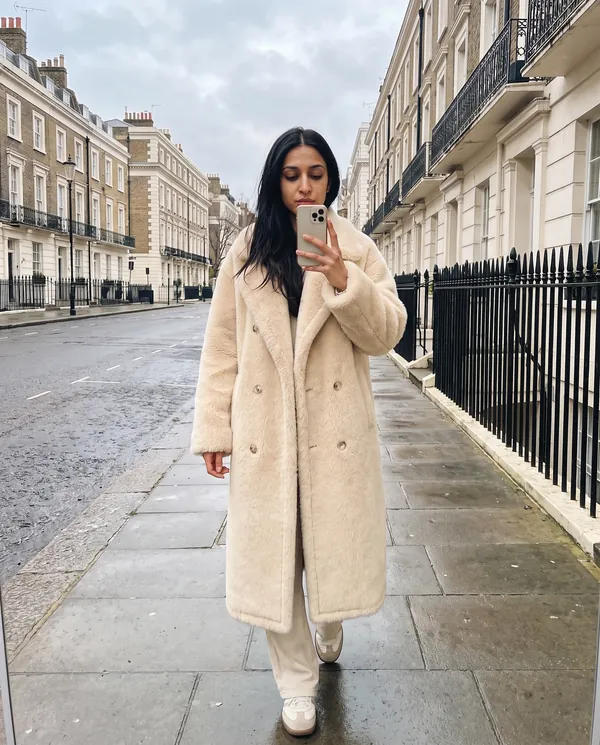 Satin Eve styling: Double-Breasted Teddy Coat