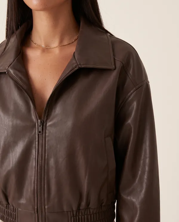 Faux Leather Collared Bomber Jacket in Chocolate, close-up of the detail