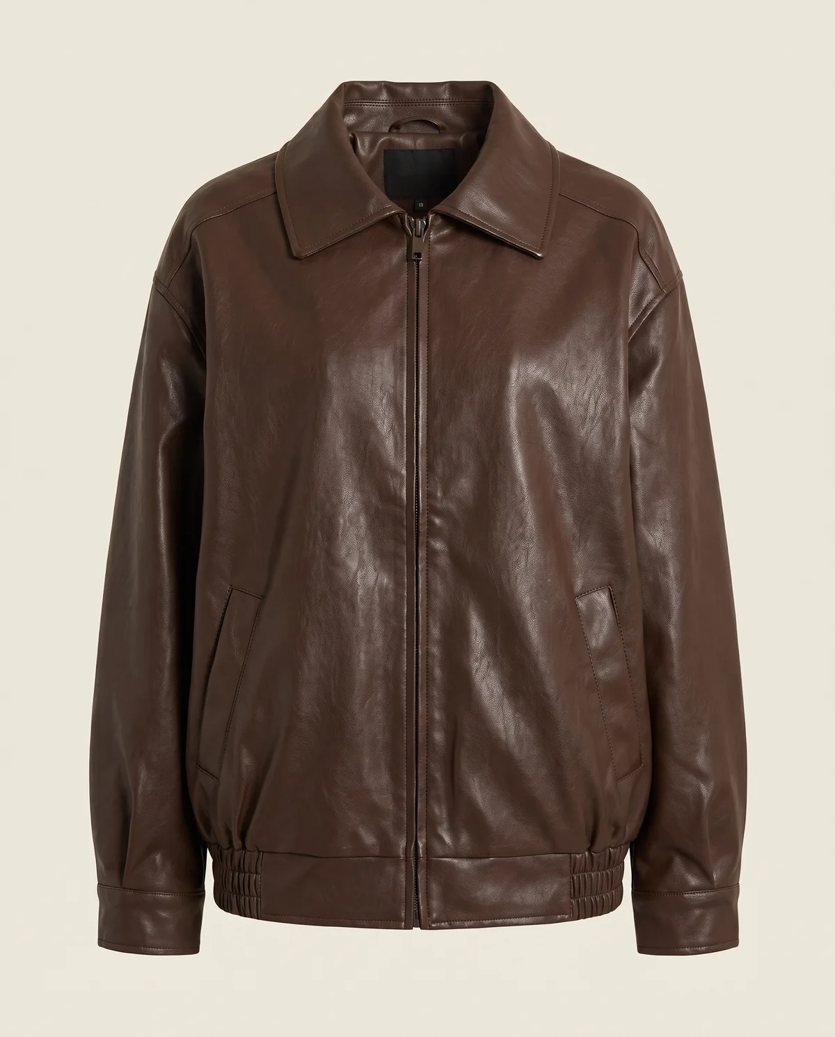 Faux Leather Collared Bomber Jacket in Chocolate, product shot on a plain background