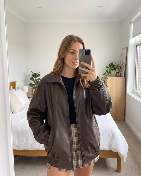 Satin Eve styling: Faux Leather Collared Bomber Jacket