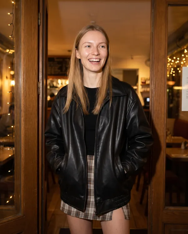 Satin Eve styling: Faux Leather Collared Bomber Jacket