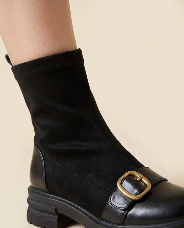 Sock Ankle Boot with Buckle Toe-Cap in Black, close-up of the detail