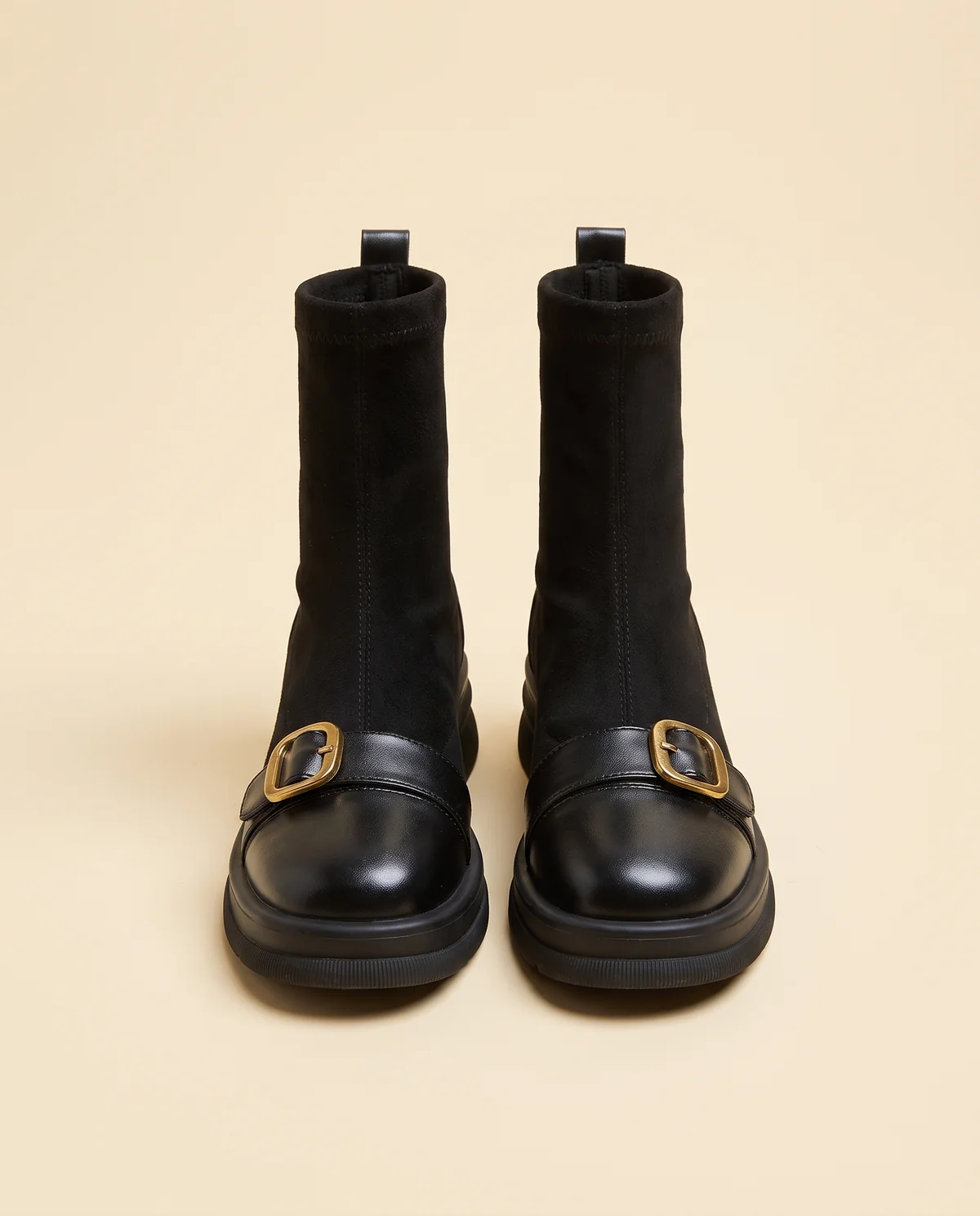 Sock Ankle Boot with Buckle Toe-Cap in Black, product shot on a plain background