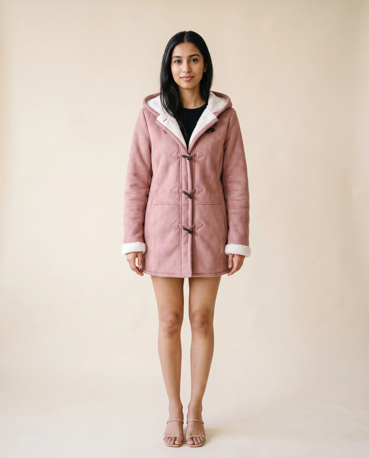 Faux Suede Sherpa-Lined Duffle Coat in Dusty Pink, front view, worn by Priya