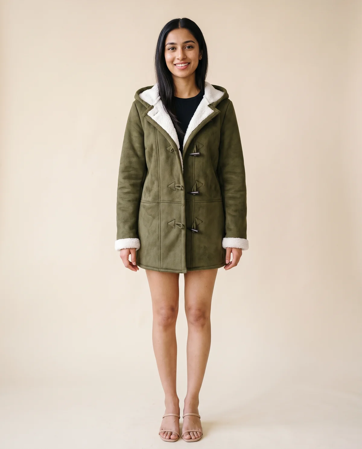 Faux Suede Sherpa-Lined Duffle Coat in Olive, front view, worn by Priya