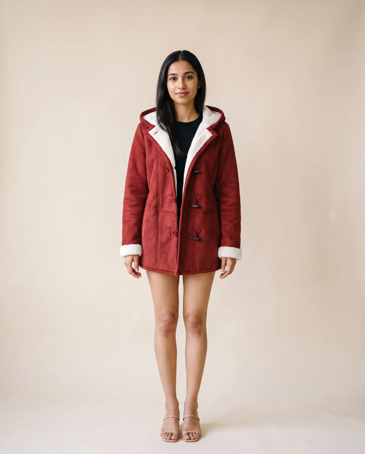Faux Suede Sherpa-Lined Duffle Coat in Red, front view, worn by Priya