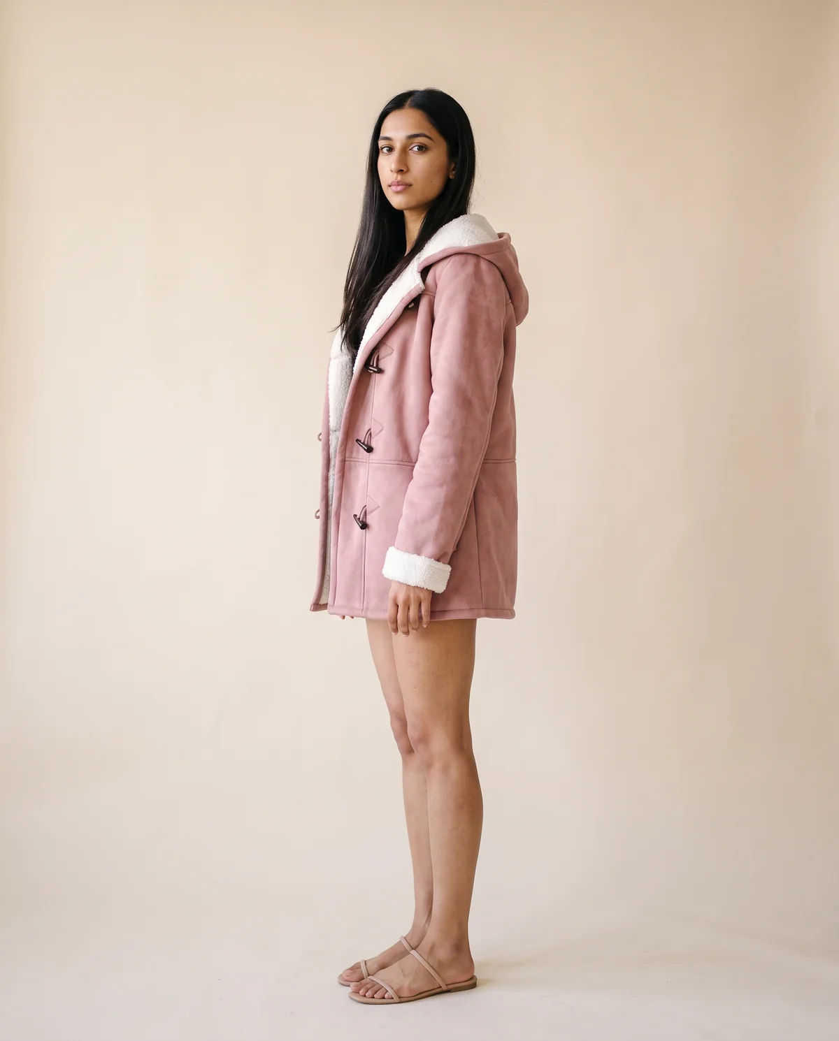 Faux Suede Sherpa-Lined Duffle Coat in Dusty Pink, side view, worn by Priya