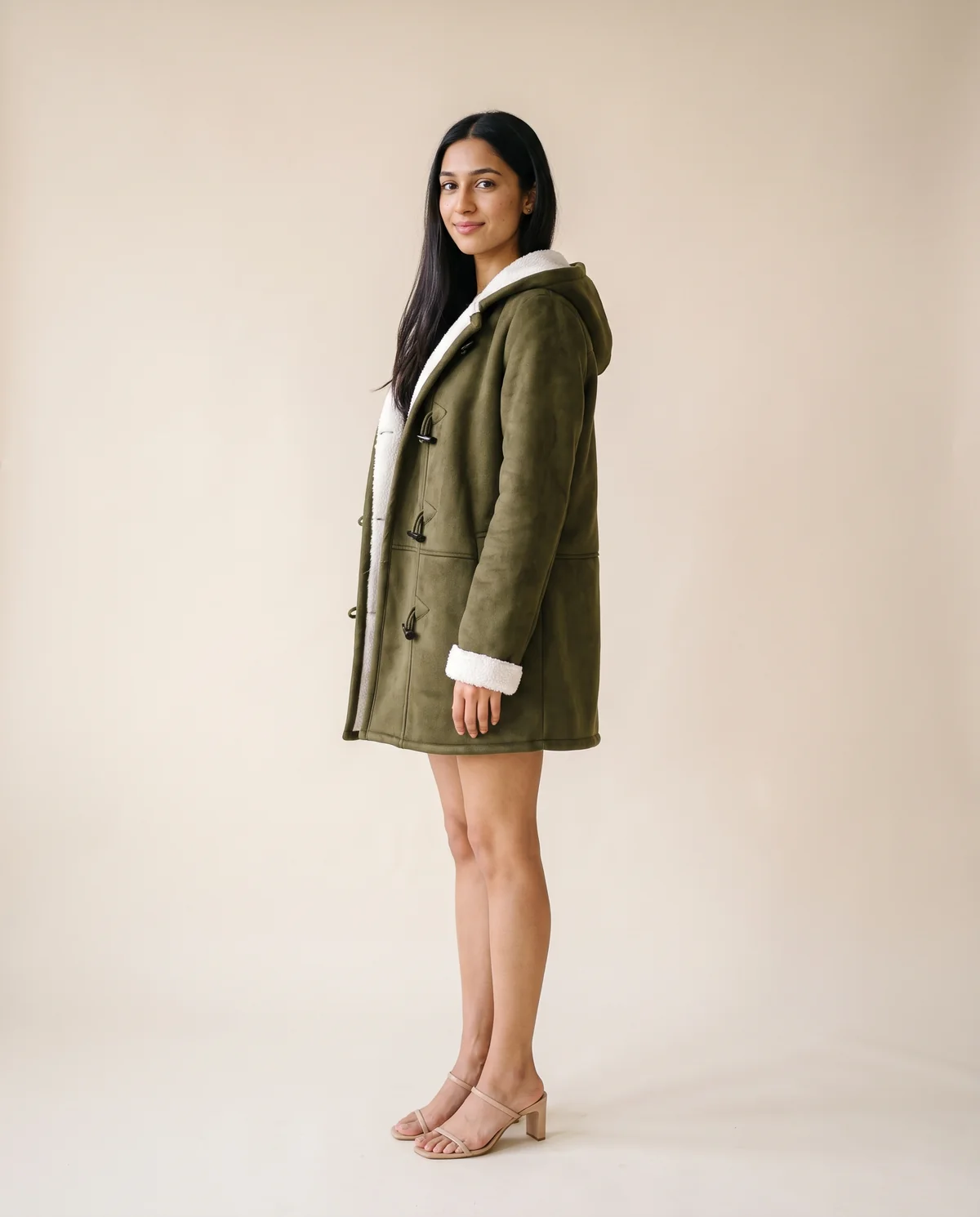 Faux Suede Sherpa-Lined Duffle Coat in Olive, side view, worn by Priya