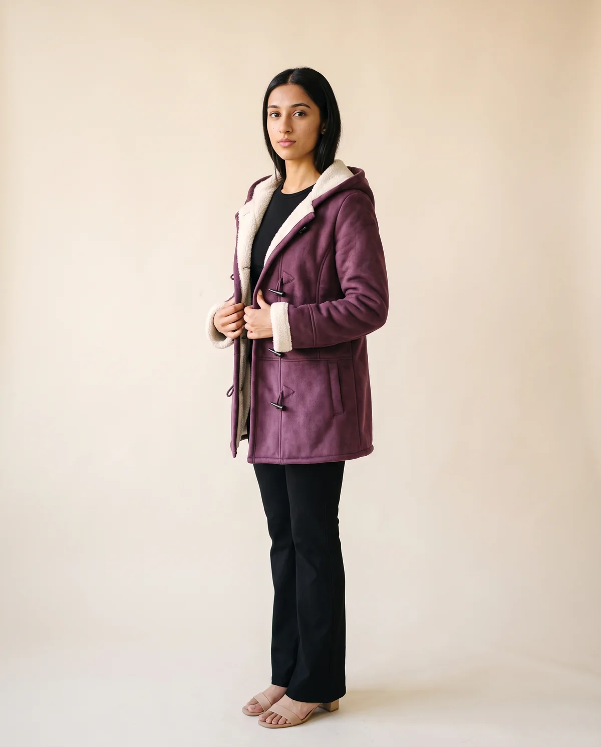 Faux Suede Sherpa-Lined Duffle Coat in Plum, side view, worn by Priya
