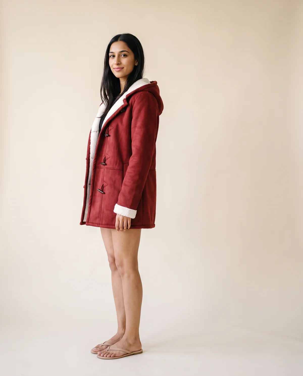Faux Suede Sherpa-Lined Duffle Coat in Red, side view, worn by Priya
