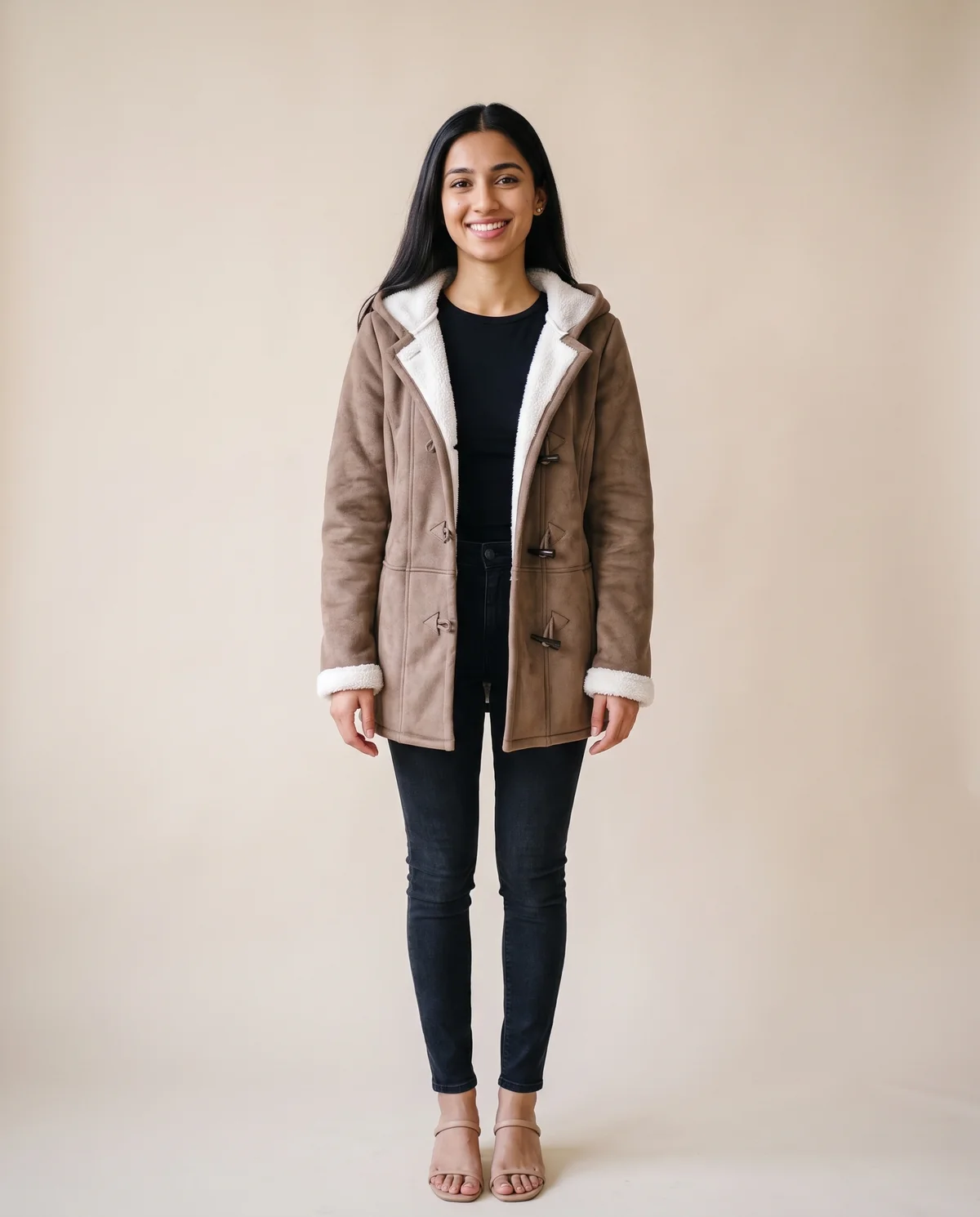Faux Suede Sherpa-Lined Duffle Coat in Mocha, front view, worn by Priya