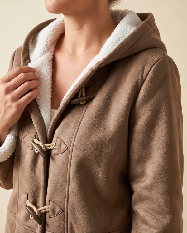 Faux Suede Sherpa-Lined Duffle Coat in Mocha, close-up of the detail
